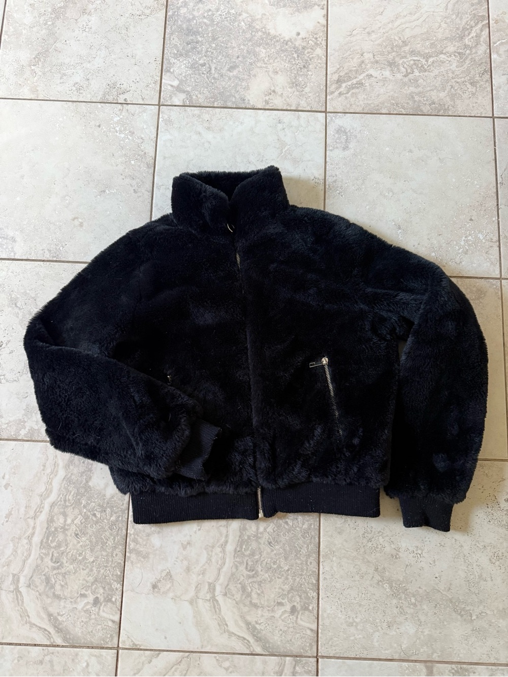 Black Faux Fur Bomber Jacket - woman’s Plush Coat